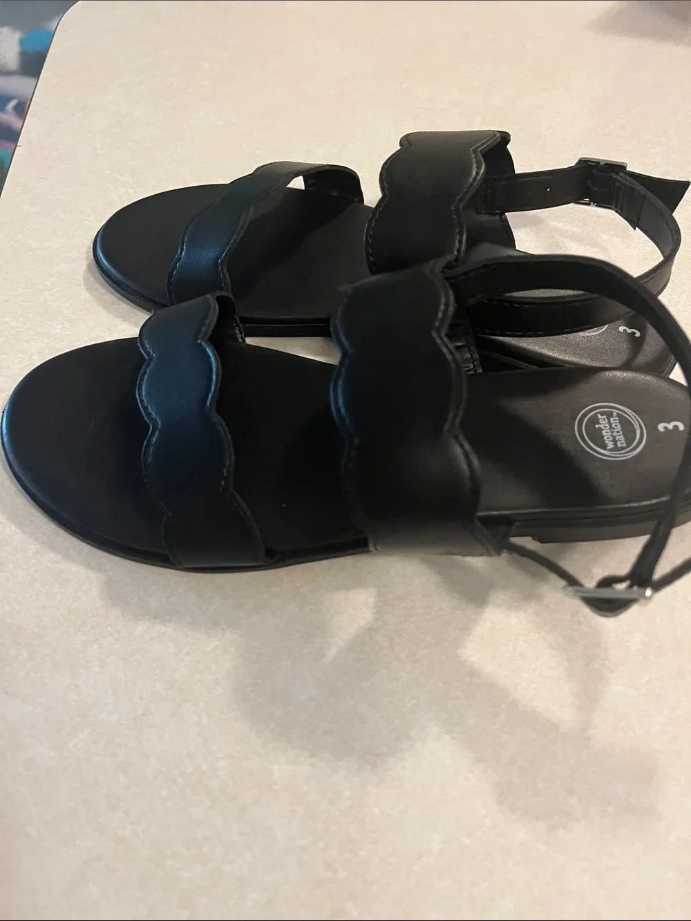 wonder nation Black Scalloped Double-Strap Kids Sandals